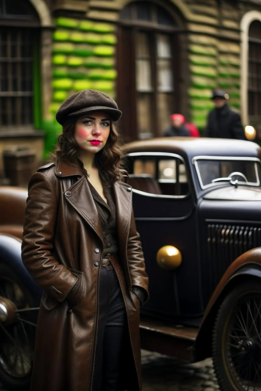 young woman with straight shoulder-length hair, dressed in brown leather trousers and waistcoat, leather gloves and a leather cap in an old industrial courtyard, next to a steampunk steam car