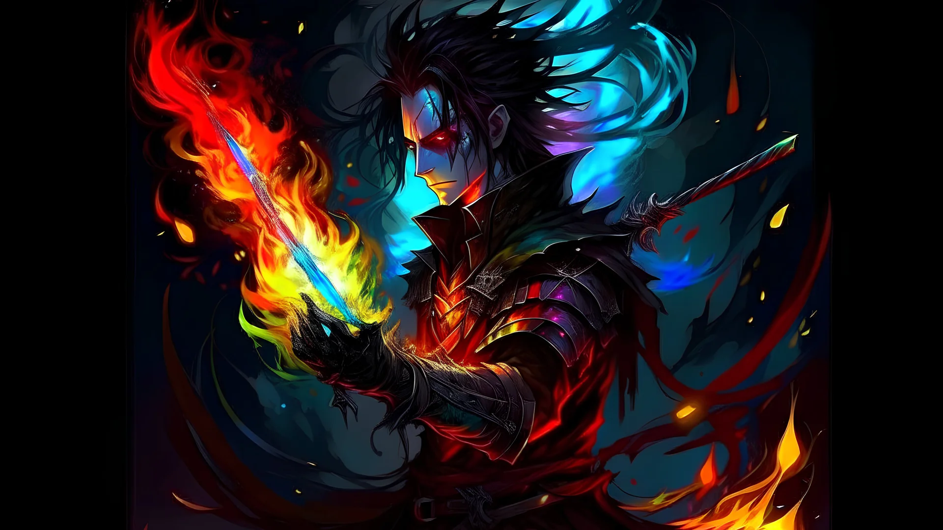 fire Edward Scissorhands and smoked background elemental flames lightning lights luminance colorful futuristic steampunk cyberpunk style