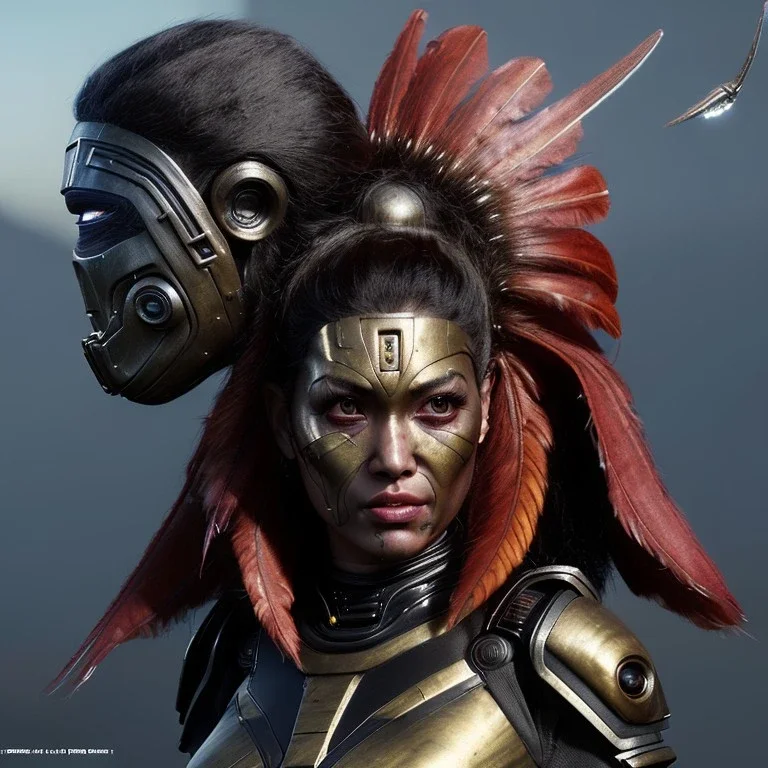 Maori cyber woman, sci-fi, rounded face, blood, black, gold, brown, samurai helmet, decorative color feathers, retro, bamboo, leather, soft color, highly detailed, art stations, concept art, smooth, unreal engine 5, god rays, ray tracing, RTX, lumen lighting, ultra detail, volumetric lighting, 3d, finely drawn, high definition, high resolution.