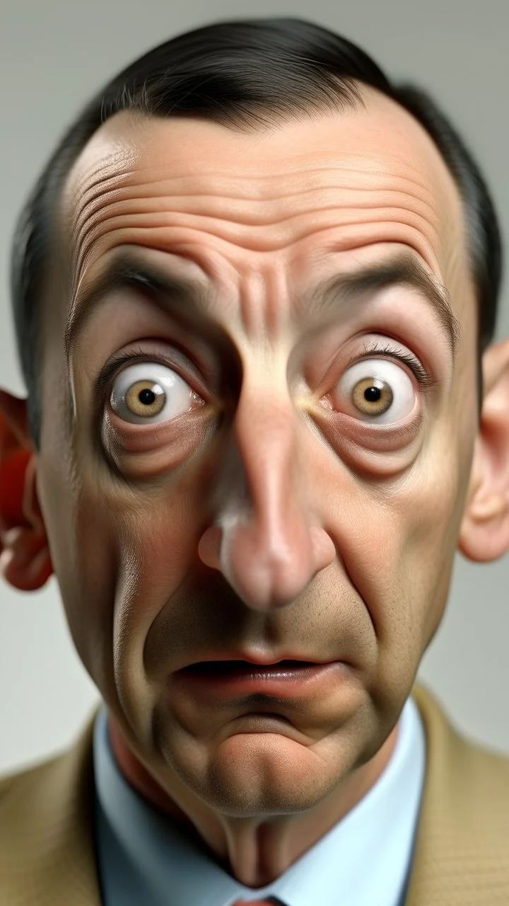 A man looks like pee wee Herman with big nose and big ears open his eyes wide like surprise