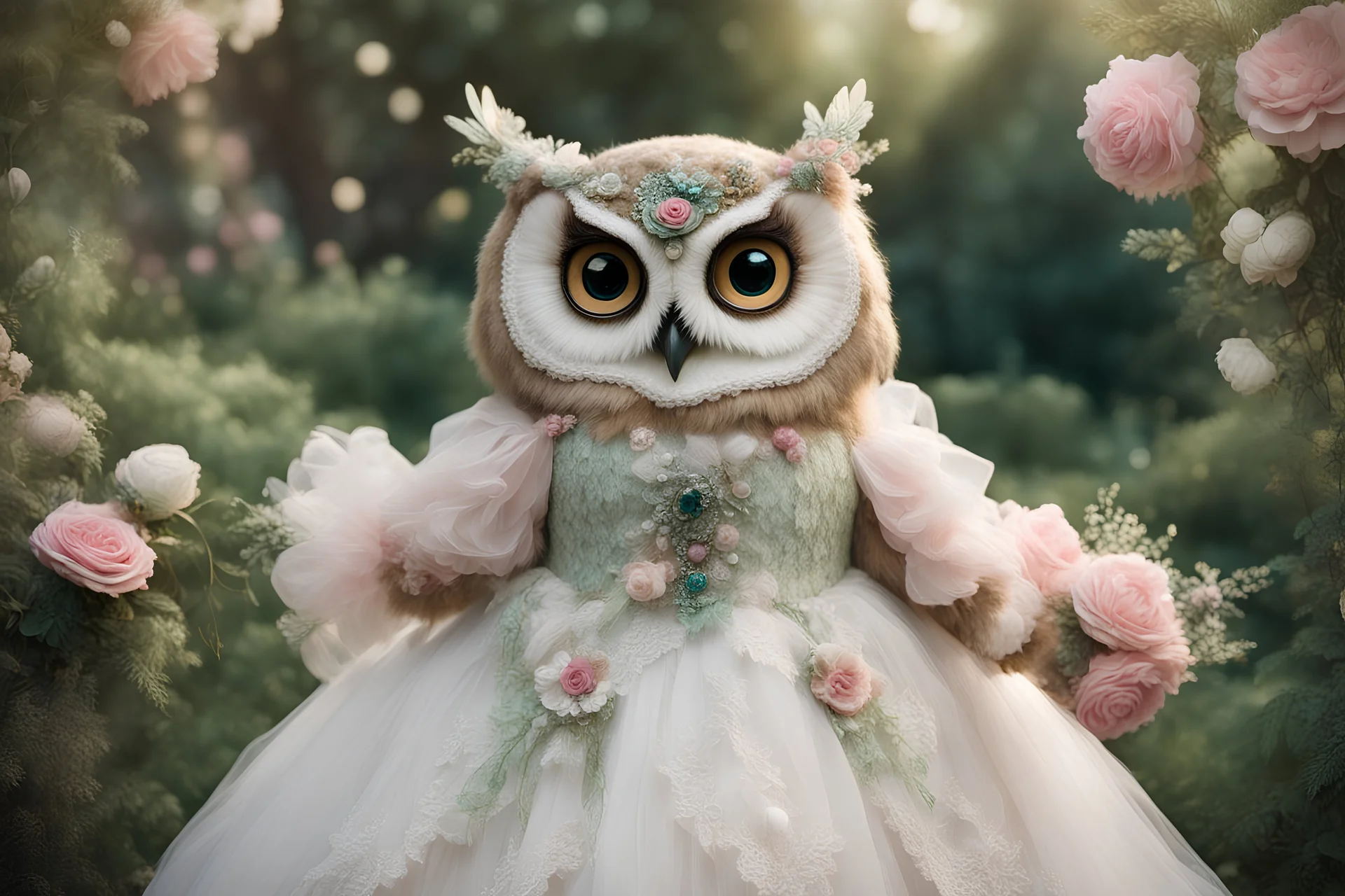 an anthropomorphic, owl bride happily throwing a bouquet in a beautiful garden. The owl has fluffy feather in shades of light brown and grey with distinct tabby markings on its face. Its large, expressive eyes are a deep emerald green and it has a small, pink nose. The owl is wearing embroidered white lace bride dress, tulle, gemstones, pearls, adorning the hem and bodice. Behind her, a celebrating crowd, owls and people dressed in elegant clothes, wedding food and cake on the tables. Behin