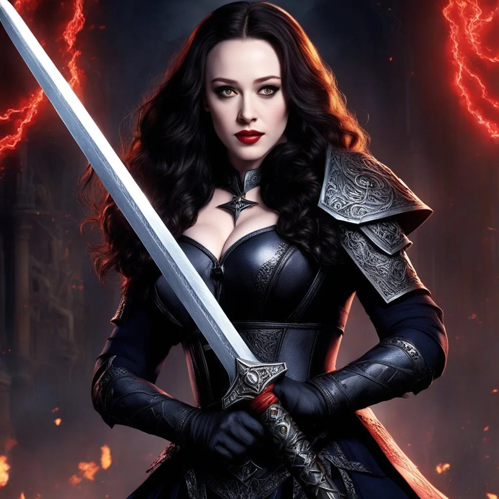 Kat Dennings holds The Deicide, a sword of immense power, crafted in the depths of hell itself. The double-edged blade, a design that strikes fear into the hearts of demons. The hilt adorned with pentagrams, symbols of dark magic and ancient power. And the handle, pulsating with dark energy, ready to be wielded by a warrior of unmatched skill. The God Slayer in hell, a story waiting to be told through art.