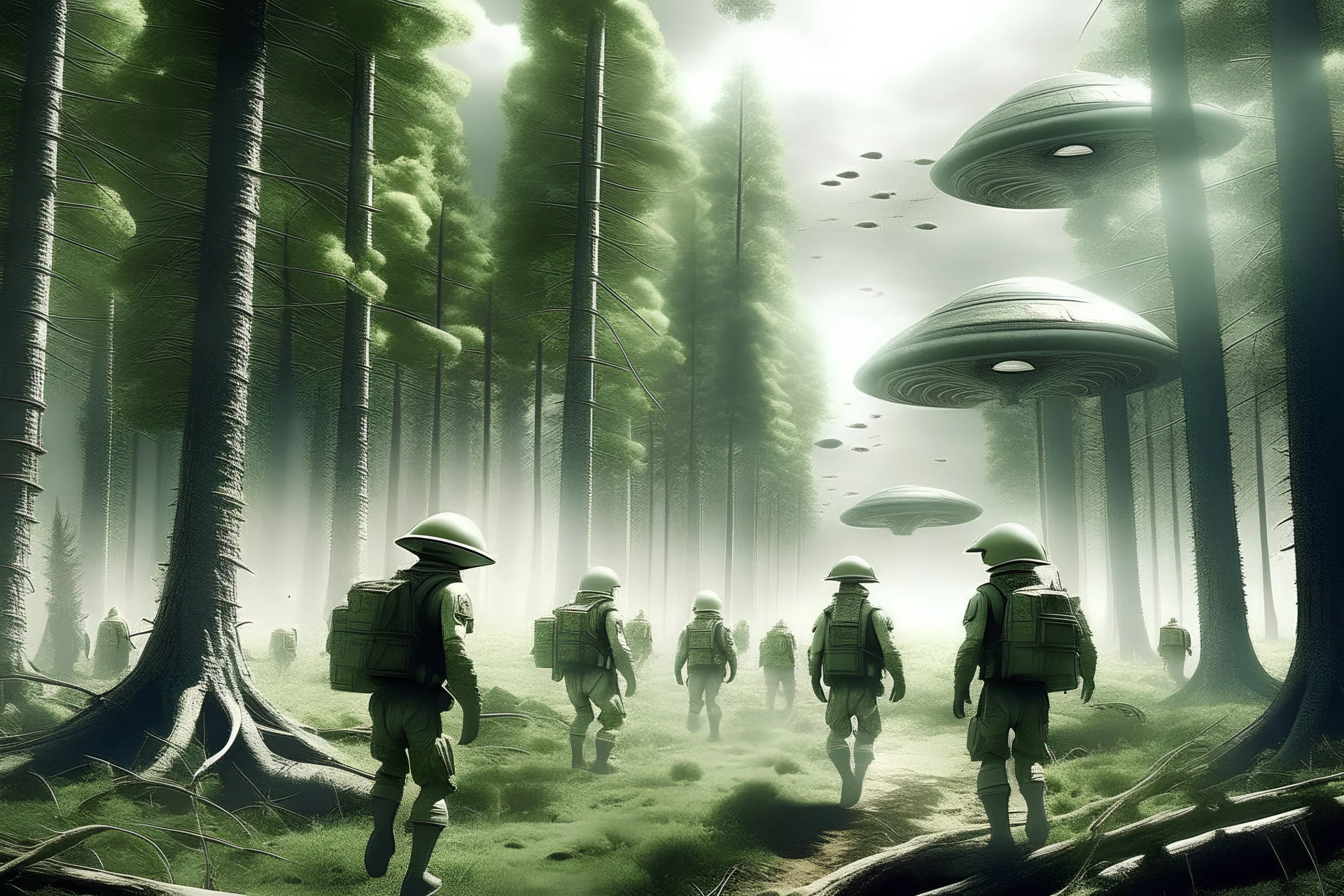 war between aliens who arw in forest and people on white ground outside forest