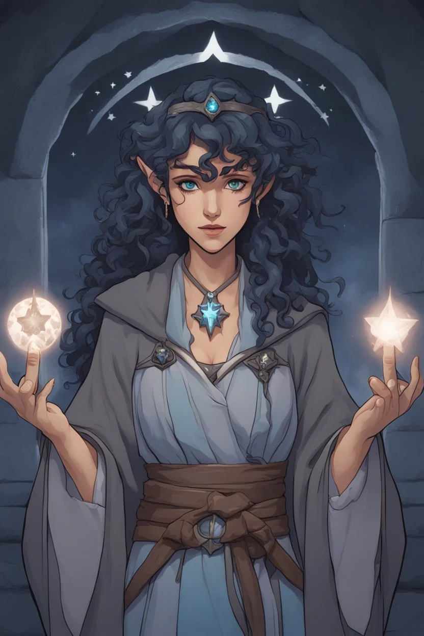 A female DnD character in a dark cave. A mysterious half-elf twilight cleric with dark, super curly hair and blue eyes. Wearing a grey robe with star symbols on it.