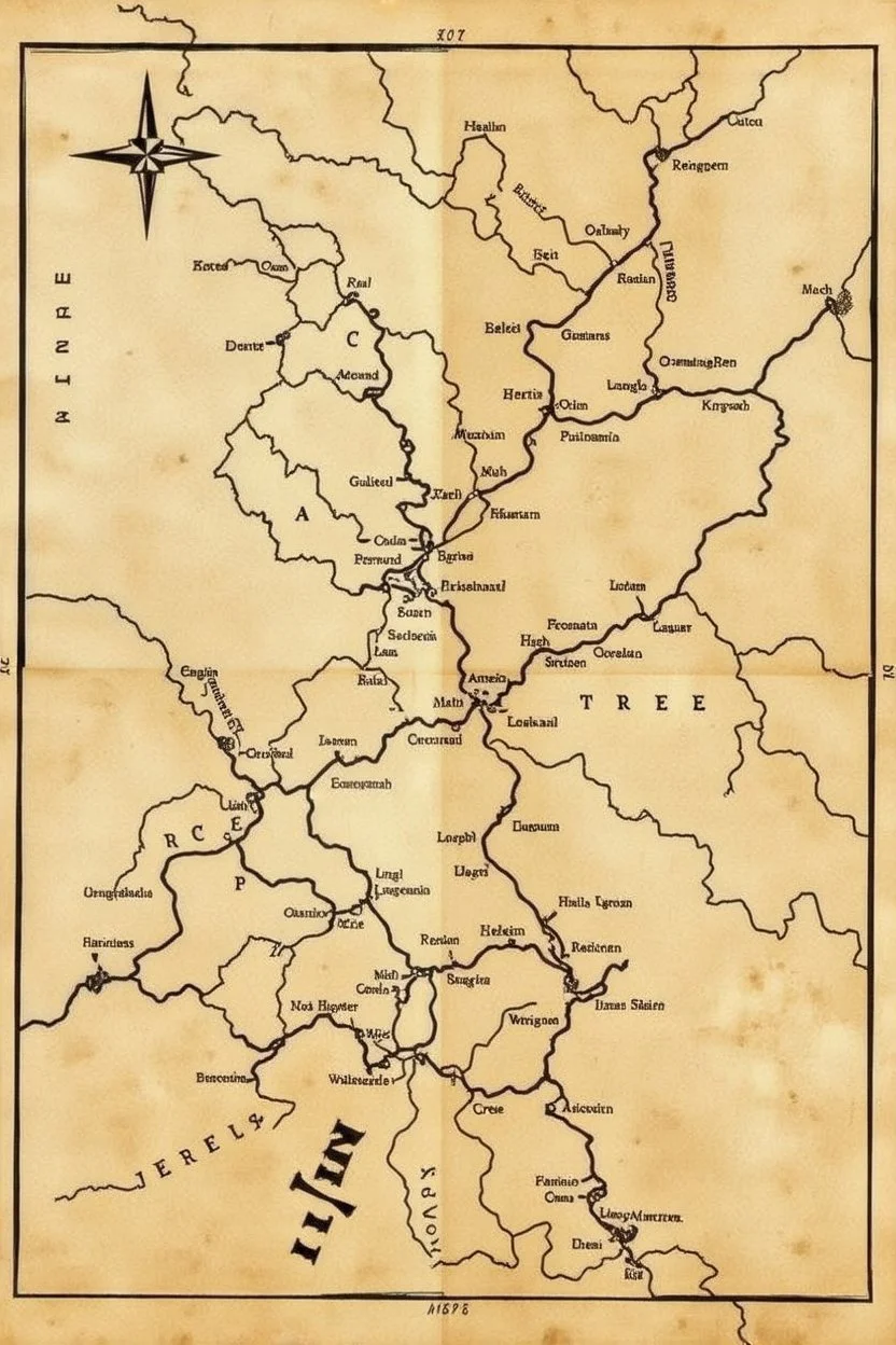 a scan of an ancient Cree Anishinaabe road map, black and white printed map that has been been stained and weathered, text is in Cree Syllabic
