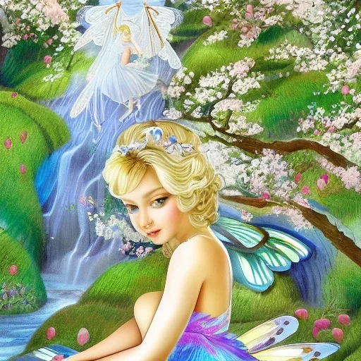 jolie féé blonde avec des ailes irisés et une robe de princesse entourée de cerisiers du japon et de cascade d'eau transparente et bleuté