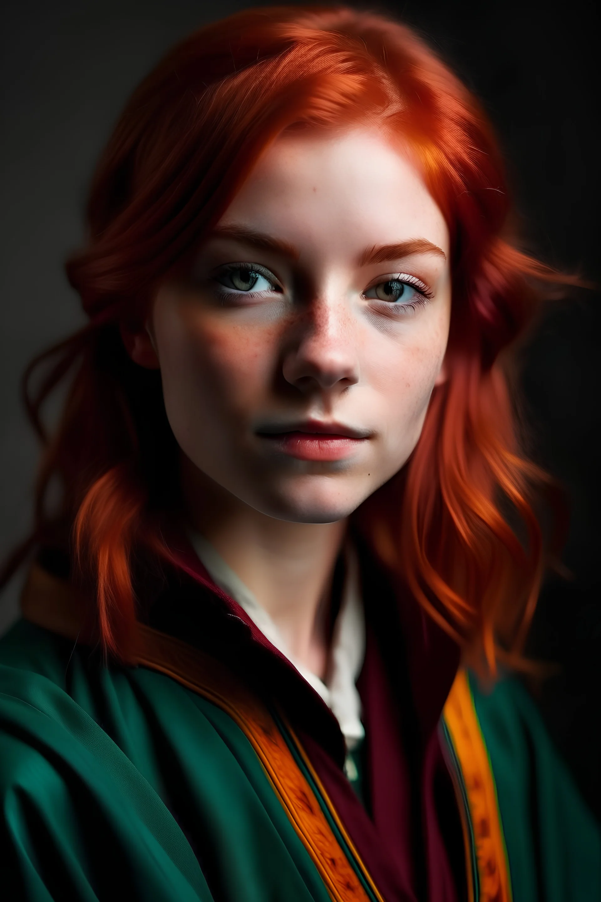 A girl with red hair and green eyes and she is wearing a Hogwarts robe