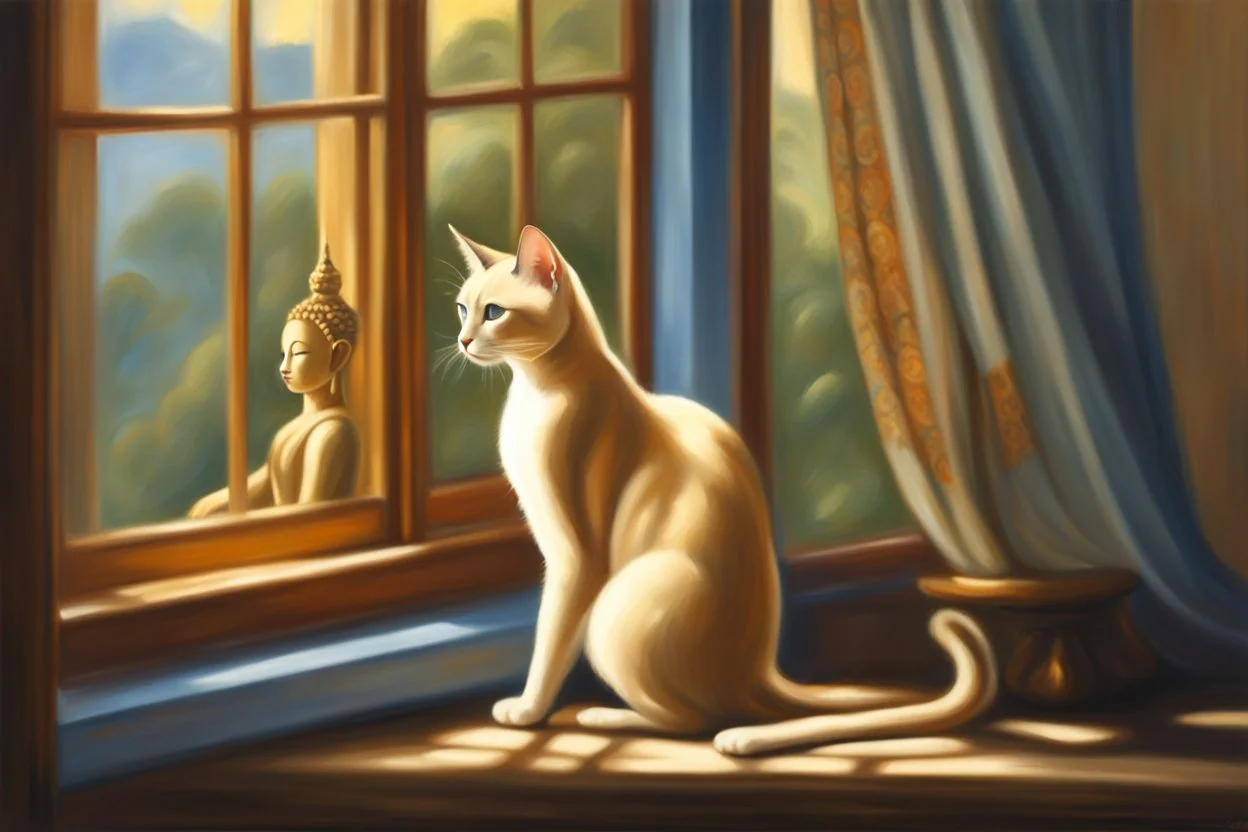 Elegant feline, oil painting, impressionism style, stunning slender Siamese cat in a window in Thailand observing Buddha statue, beautiful, artistic, detailed