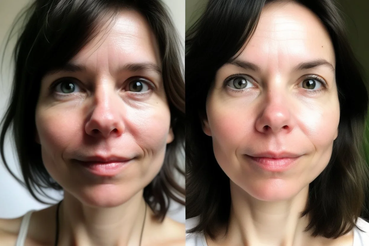 A selfie of a brunette woman, middle short hair, showing a 27-year-old European woman. She has white skin, tousled brown hair, face without makeup, big round dark brown eyes, cute profiled nose, detailed full lips, skin texture. Split screen and show the same face but 15 years older