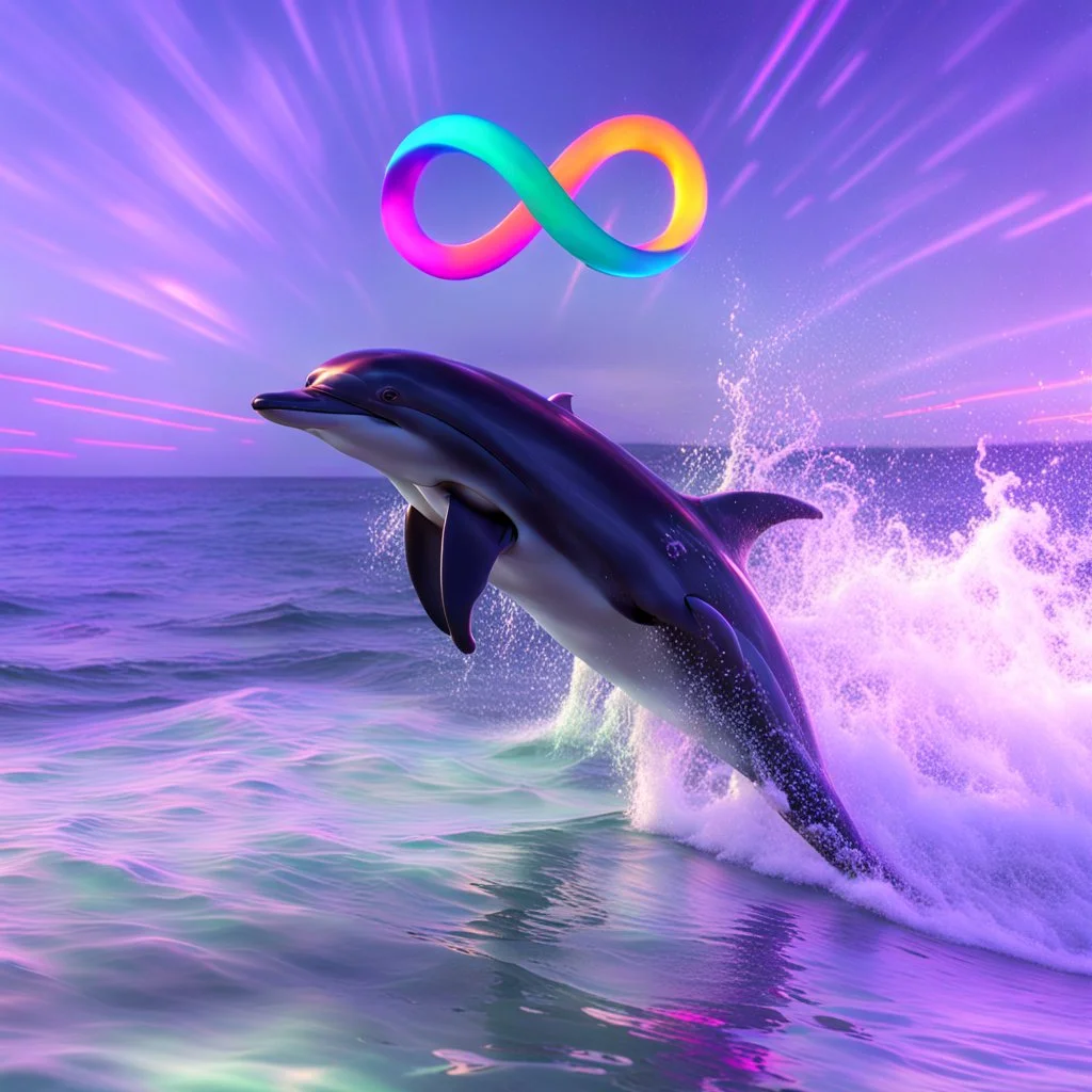 infinity symbol ∞ with vibrant powerful dolphin jumping out of the sea, striking, neon, chiaroscuro, dramatic, captivating, powerful, fantasy, beautiful, octane render, 16k post-production, artstation: award-winning: atmospheric: commanding: fantastical: clarity: ultra quality: striking: brilliance: stunning colors: amazing depth; lens: f/11, 35mm