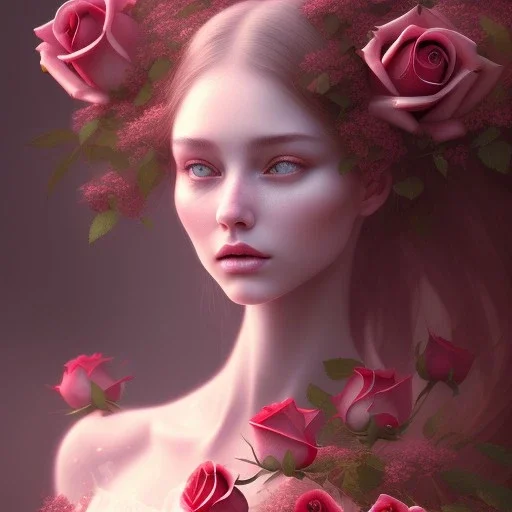 red roses beautiful girl,utra realistic,highly detailed, masterpiece, delicate detailed, sharp focus, insanely detailed, fantasy art, royalistic, intricate detailed, elegant, fog, Special Lighting, Vibrant, color Scheme, forest, unreal engine, trending on artstation