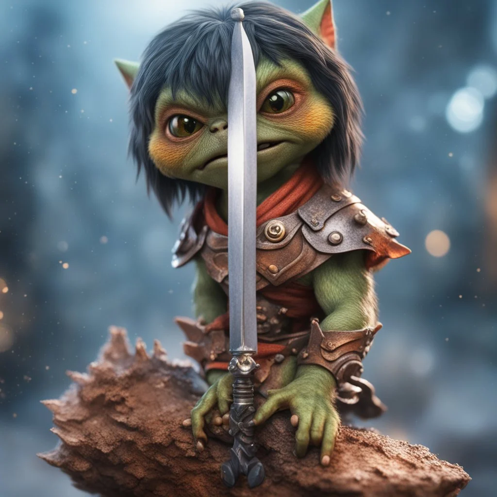 gremlin holding sword with vulcanic background,bokeh like f/0.8, tilt-shift lens 8k, high detail, smooth render, down-light, unreal engine,bokeh like f/0.8, tilt-shift lens 8k, high detail, smooth render, down-light, unreal engine