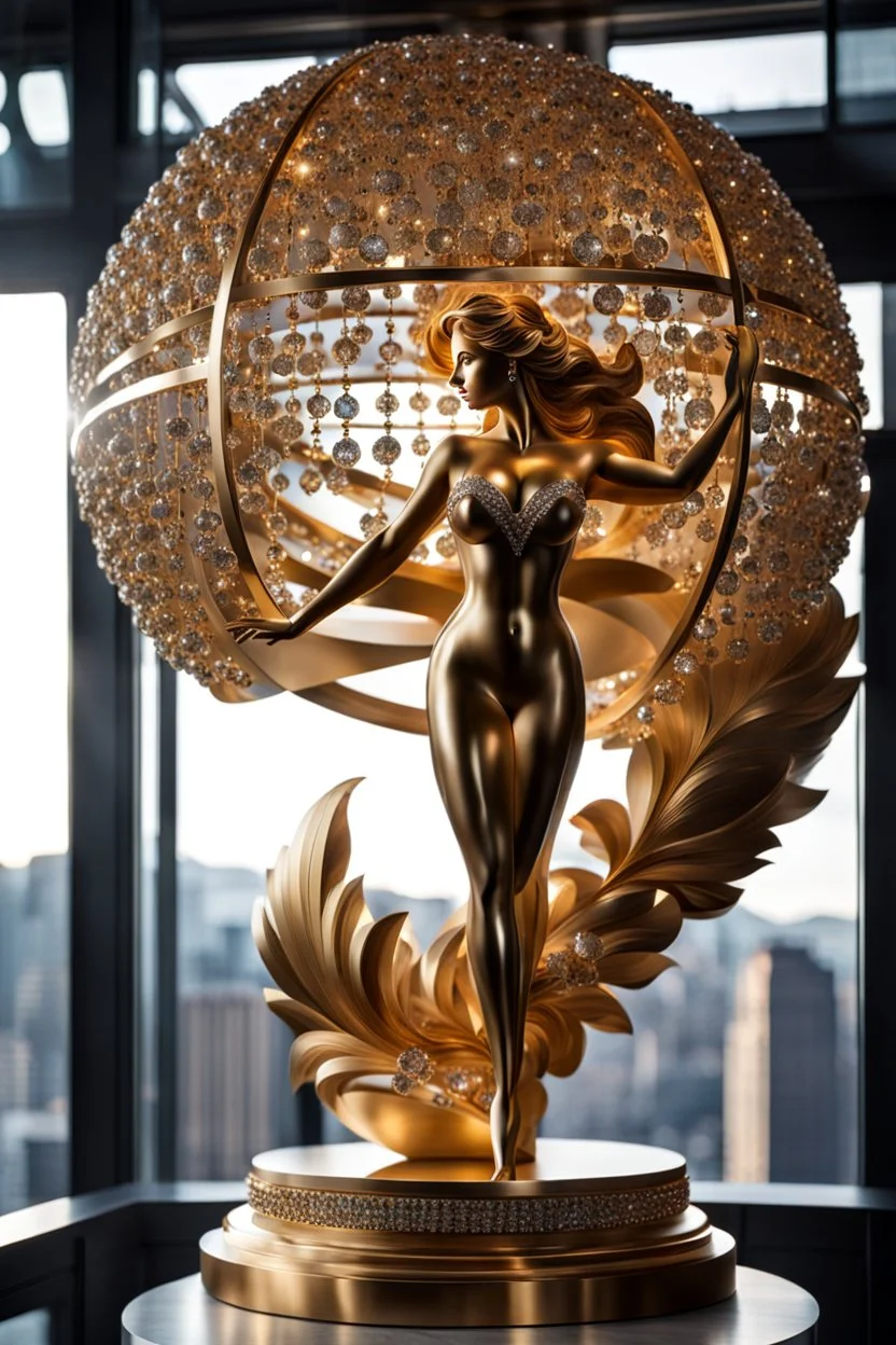 A magnificent cristal and gold heart-shaped sign adorned with a stunning berliant sphere encrusted with sparkling diamond clusters at its center, elegantly spinning in position,a golden statue of a girl in standing pose