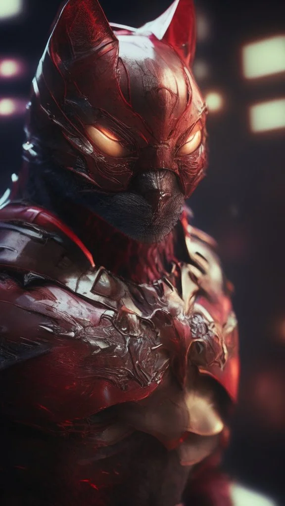 Iconic Cat-Man, Glowing red and silver, ultra-detailed armor, eye mask cat, dynamic shot, richly saturated colors, full stature, cinematic lighting, Octane rendering, hyper-realistic, unparalleled detail, 8K , concept art, physically based rendering, intricate textures, timeless masterpiece, AI enhanced, GAN, ray tracing, depth of field, neural network,