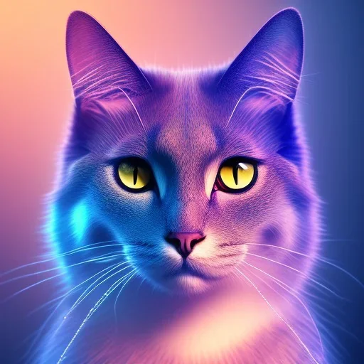 A beautiful portrait of a cute cyberpunk cat purple blue color scheme, high key lighting, volumetric light