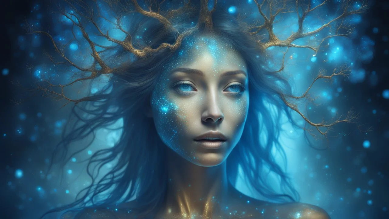 The photo is in a bioluminescent and bioluminescent art style depicting a divine tree woman, double exposure, Bioluminescent dewy translucent glowing skin, ethereal glowing eyes, long neck, perfect face in ultra-realistic details, blue hues, flowing hair, The composition imitates a cinematic film with dazzling, gold and silver lighting effects. Intricate details, sharp focus, crystal clear skin create high detail. 3d, 64k, high resolution, high detail, computer graphics, hyperrealism, f/16, 1/30