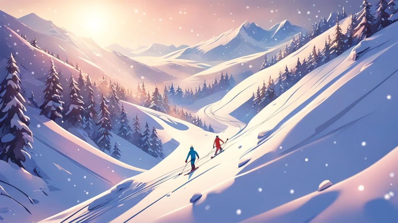 Fantasy cartoon style: view down the ski slope from the top of the hill, snow is sparkling