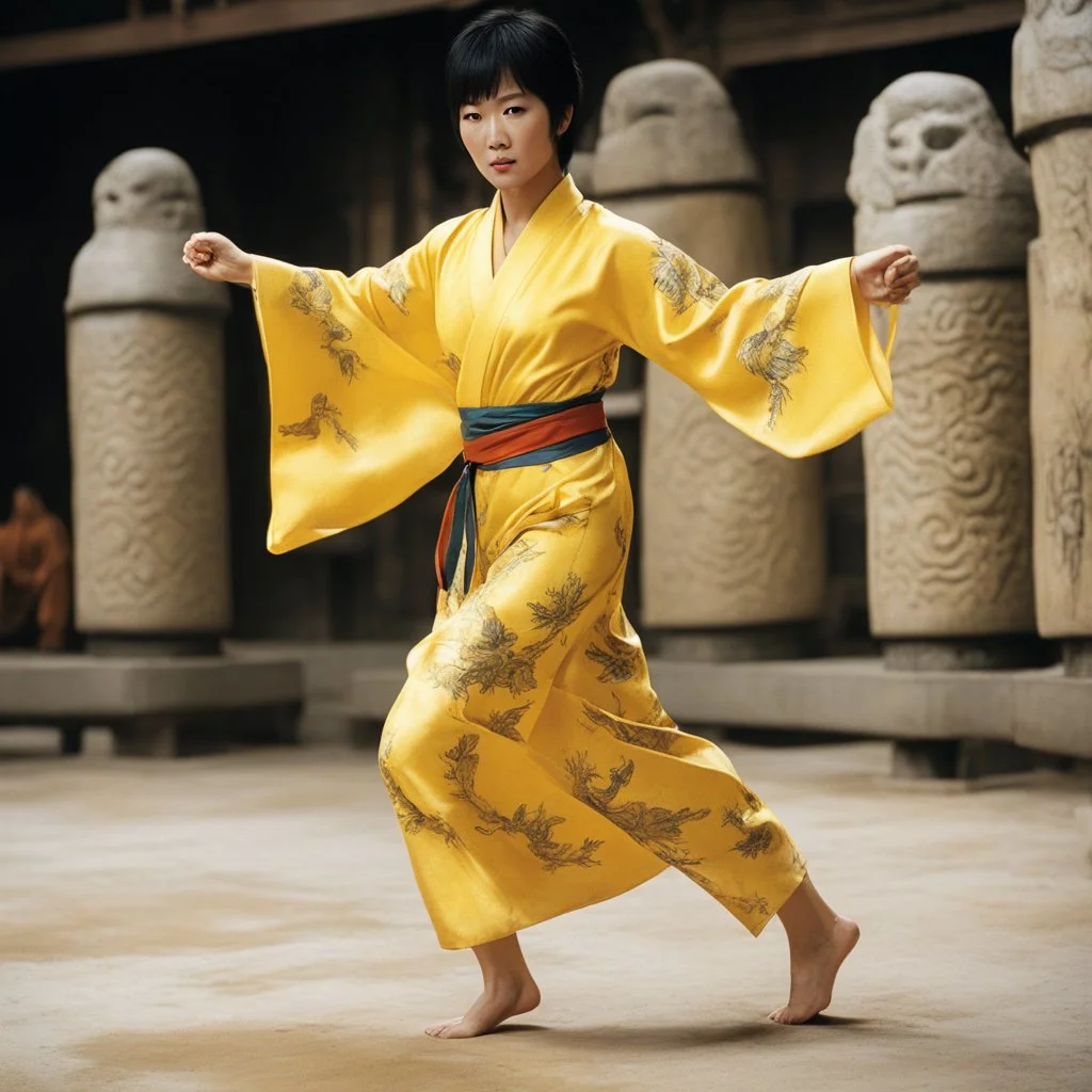The soul of female Bruce Lee travels to the Underworld: The Dragon Lives Again by Chi Lo, she stands on her bare feet in her yellow silk printed kimono, ready to fight with her best kung fu