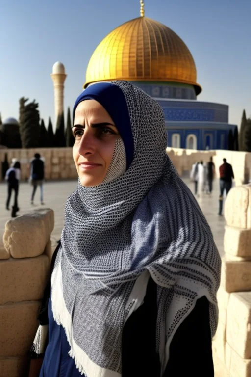 A woman wearing a keffiyeh in Jerusalem near the dome of rock