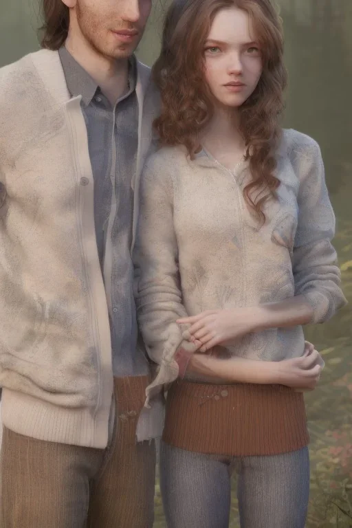 Jeune couple, visage hyper détaillé, réaliste. Forêt fantaisiste détaillée,paysage magnifique, Fille rousse aux cheveux raides et longs, garçon grand, musclé très longs cheveux bruns très bouclés. Fille jean pull, garçon tenue de bûcheron.