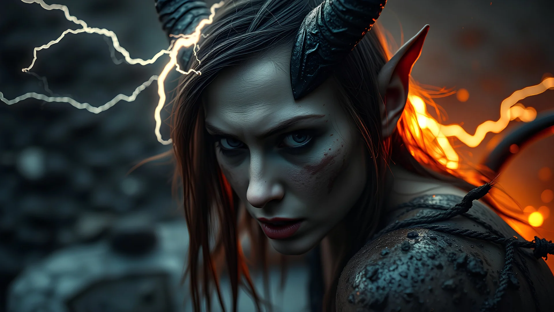 photoreal extreme close-up of a gorgeous thirty year old raging godlike radiating powerful lightning sorceress megan fox woman as a tiefling with horns and tail, raising a storm in the dirty mud at dawn by lee jeffries, otherworldly creature, in the style of fantasy movies, photorealistic, bokeh masterpiece smooth shading, ultra detailed, high resolution, cinematic, unreal 6, subtle shadows, octane render, 8k, cinema 4d, HDR, dust effect, vivid colors