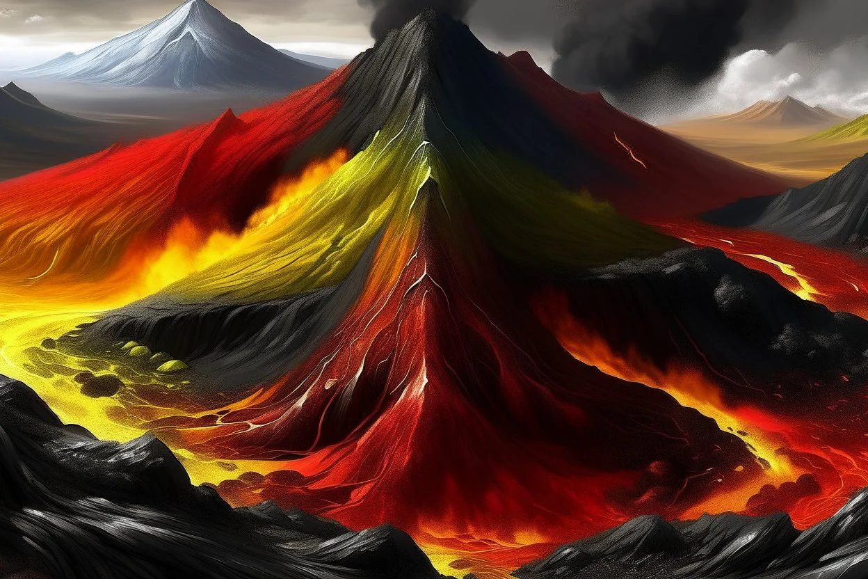 acidic soil with lava and mountains , red white yellow black colors , magic the gathering style, hyper realistic style