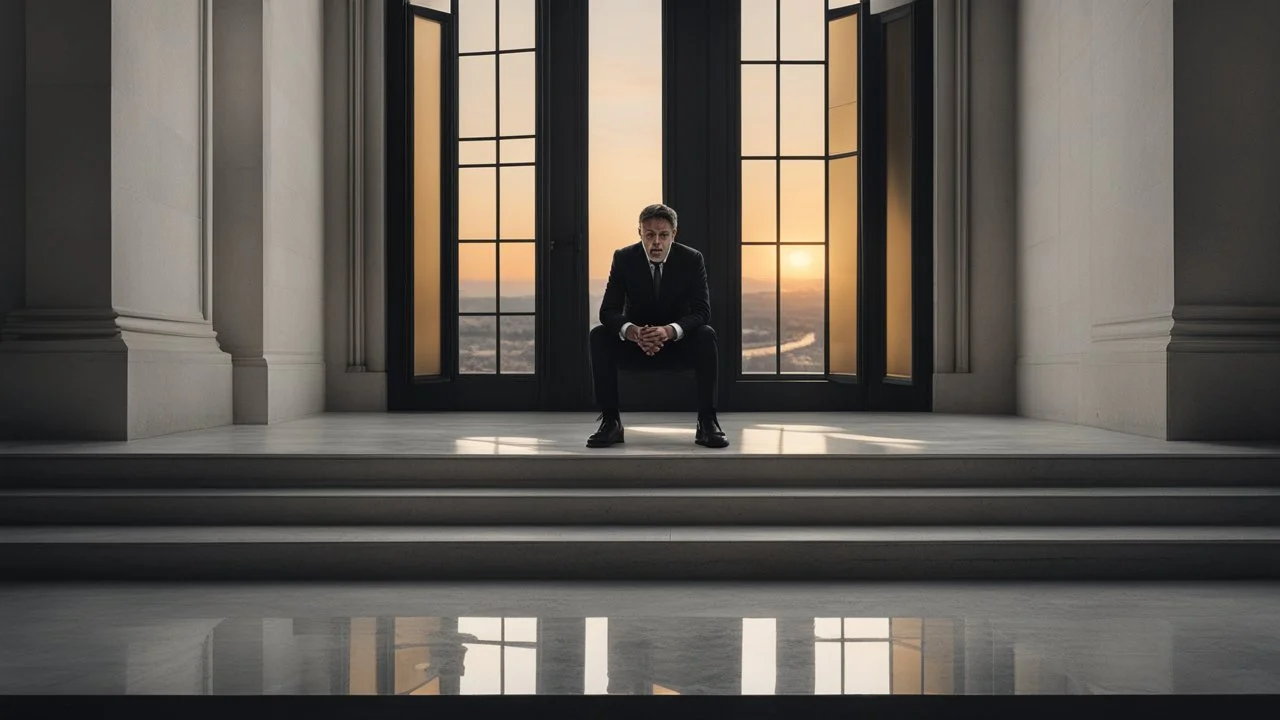 Head of a scared man sitting on a barren grey concrete landscape divided into architectural floors. Stairs between floating floors outside. Windows, Golden fragments, Glow, Glare, Gothic architectural elements. Mouth acting as an entrance door. Golden hour, Tiny man walking around the building. Reminiscent of MC Esther and Magritte.