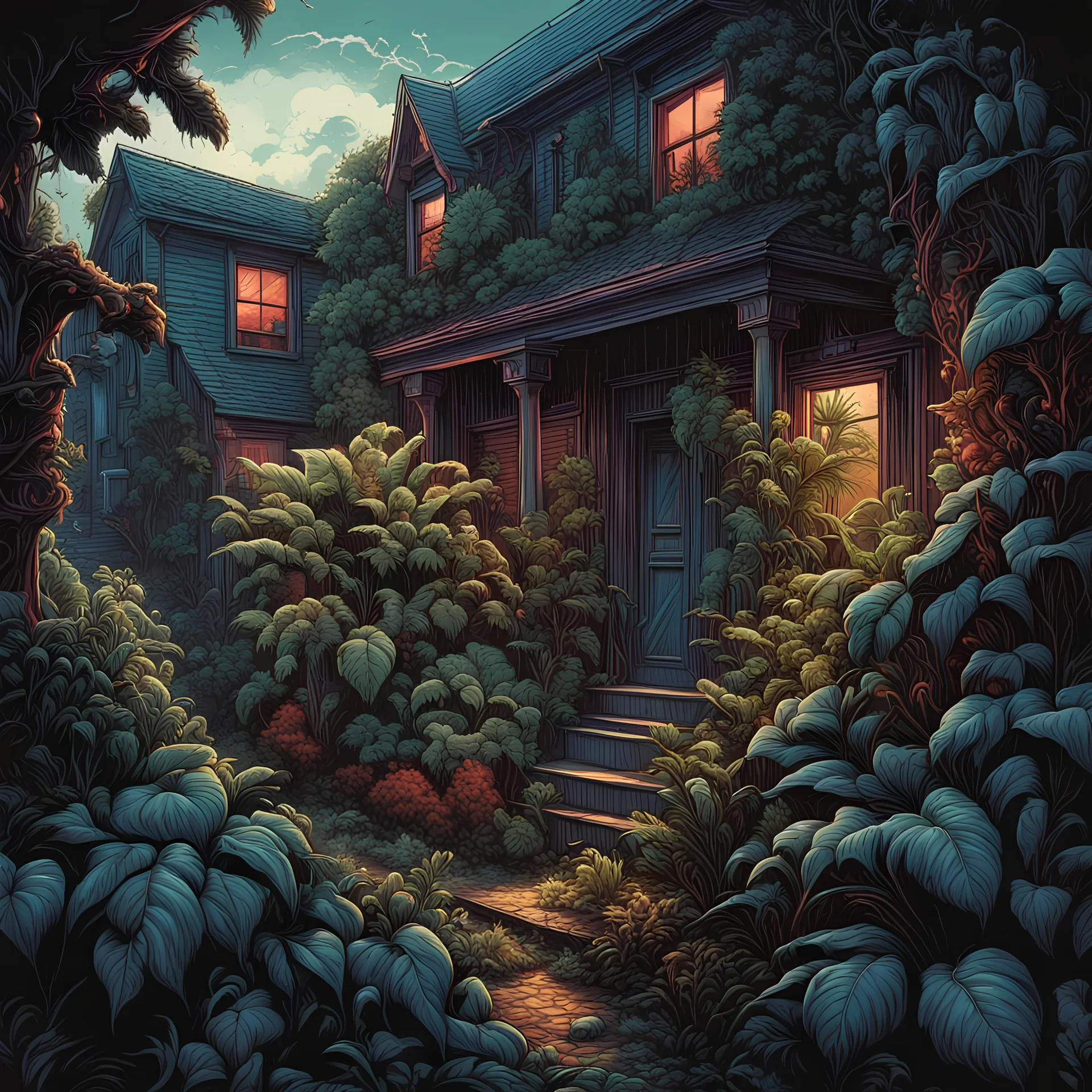 Magical home defense plants, home robbers trying to break into a house being accosted by magical aggressive shrub, by Dan Mumford, by Michael Whelan, photorealism, reactive UV dark colors, expansive, palpable textures, Whelan's distinctive visceral style and detailed line work, rich sharp colors