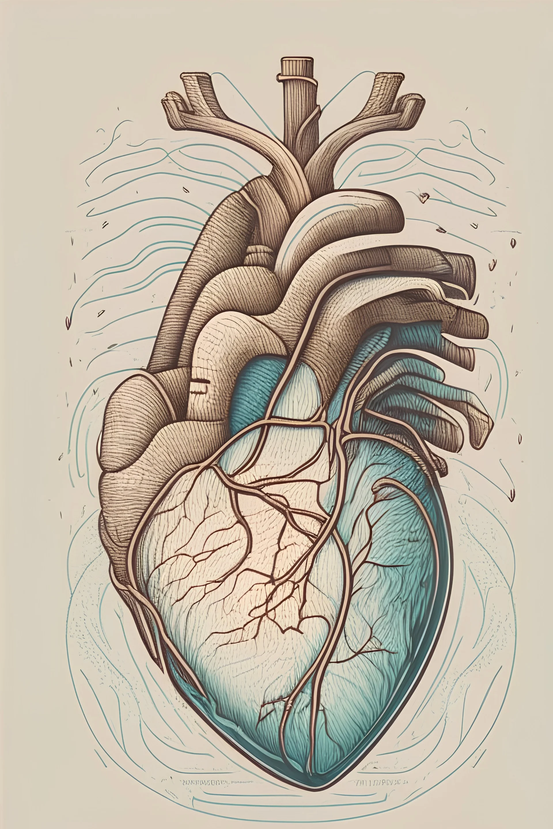 A drawing with clear defined details of a anatomical heart in graphic style inside the heart a small wave including letter A and J