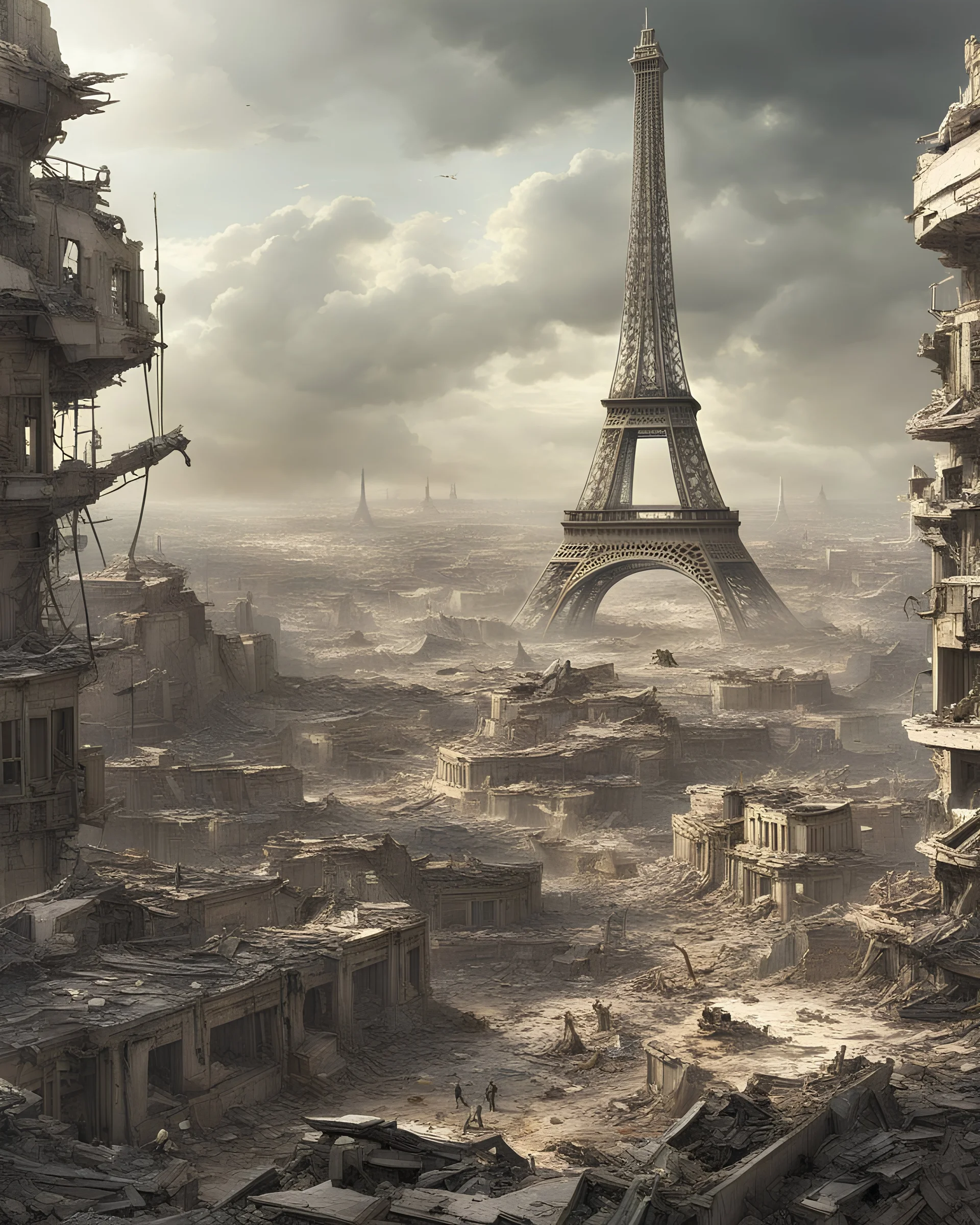 view of a futuristic Paris in a post atomic catastrophic way, with lots of buildings in ruins, but still with the Eiffel Tower intact