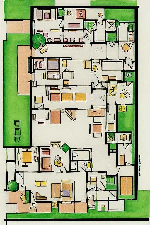 Floor Plan Illustration: floor plan illustration, beautiful, full-color, floor plan design drawing, AutoCAD floor plan, architectural digest, floor plan, Frank Lloyd wright, Michaelangelo illustration