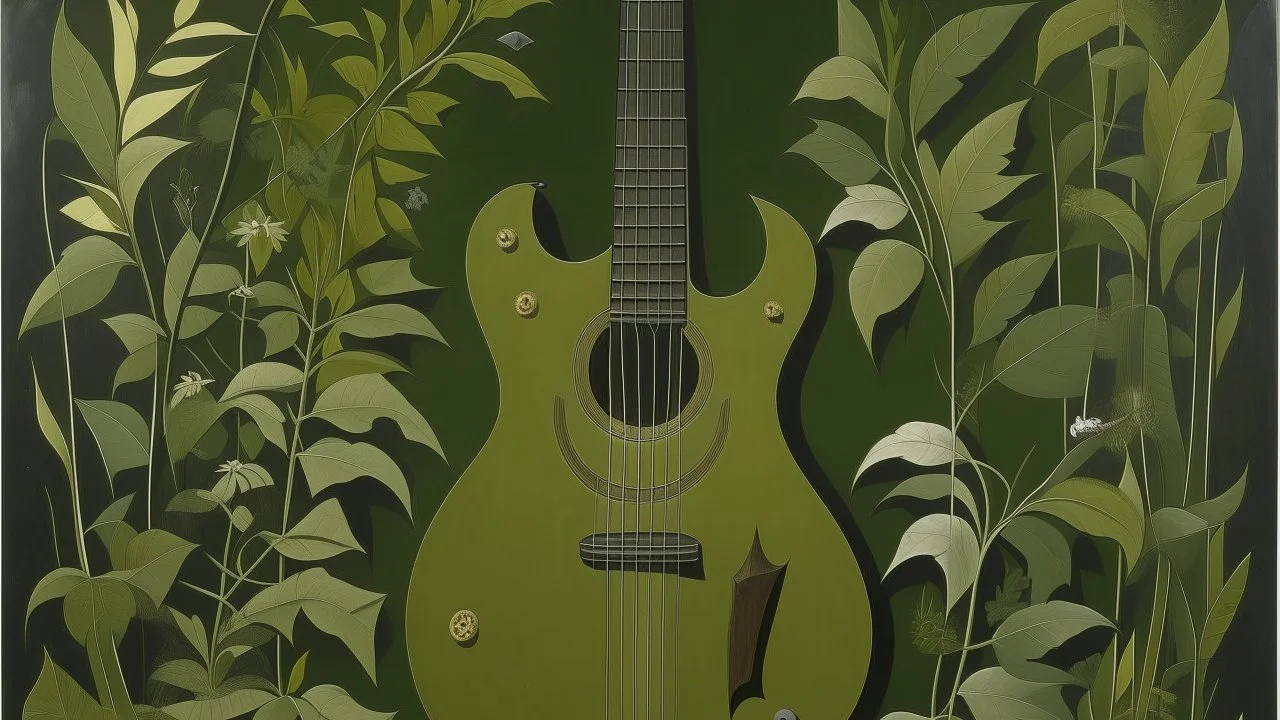 An olive green nuclear guitar painted by Henri Rousseau