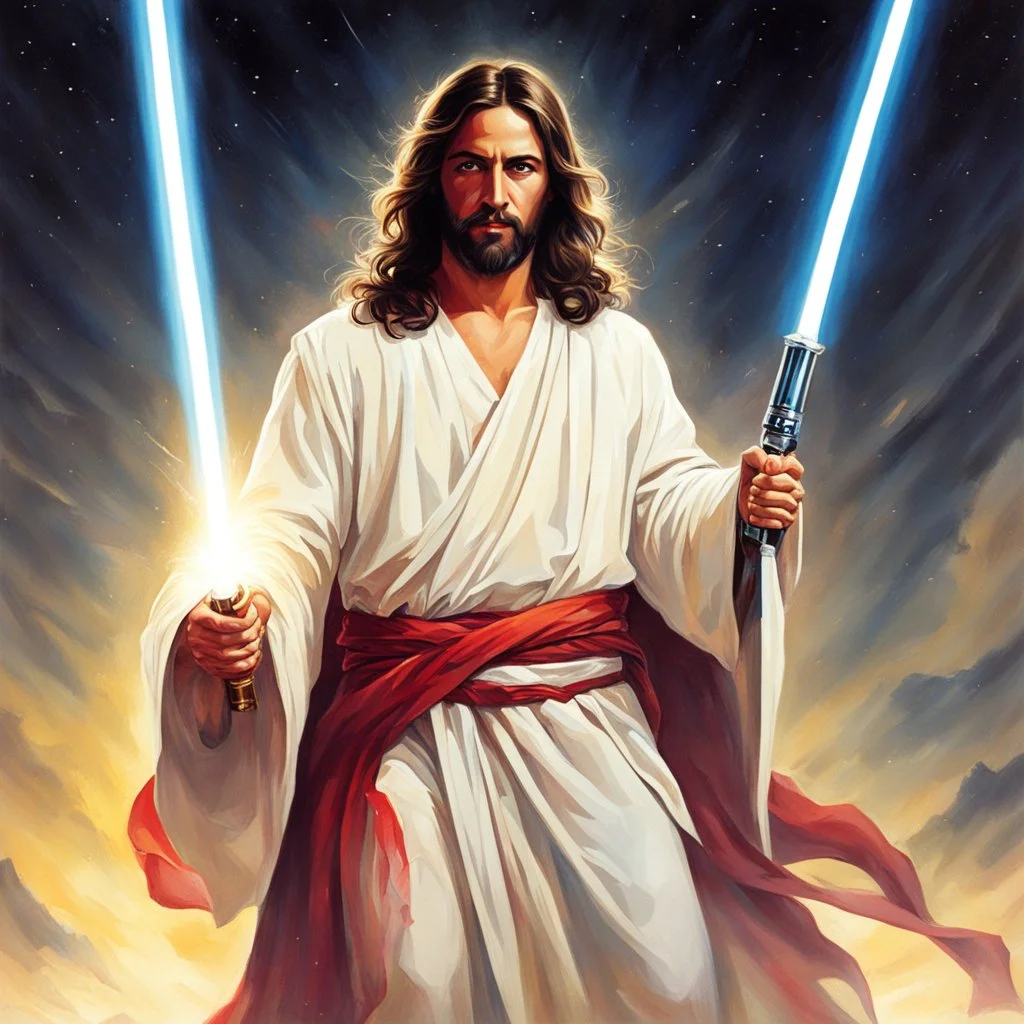 Jesus with a lightsaber opening the belly of the devil