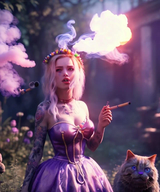 Ultra realistic wonderland photo, happy blonde woman smoking a shisha, blue dress, big purple-cat friend, circus dress style, old school tattoo, smoke, marijuana garden, glow eyes, perfect iris, soft color, highly detailed, unreal engine 5, cinematic, ultra detail, volumetric lighting, high definition.