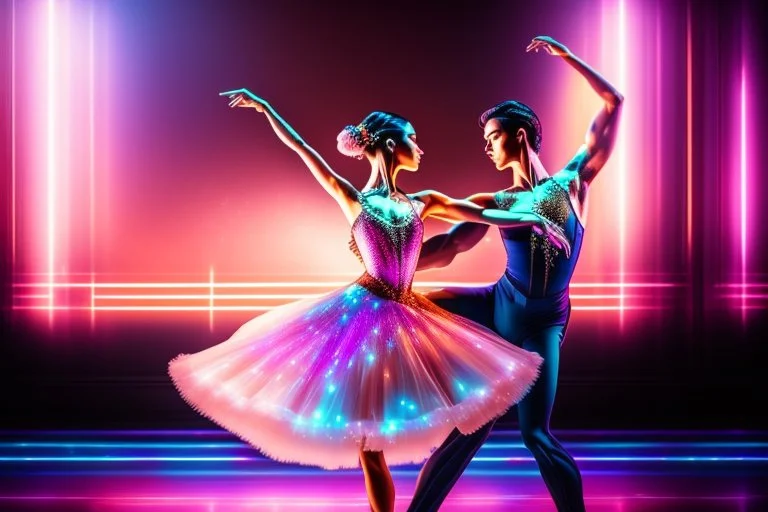 very beautiful a ballet male and female dancers couple in very pretty clothing dancing ,hyper realistic ,disco lights,very luxury dance stage ,with nice light sources and devices in stage, close up