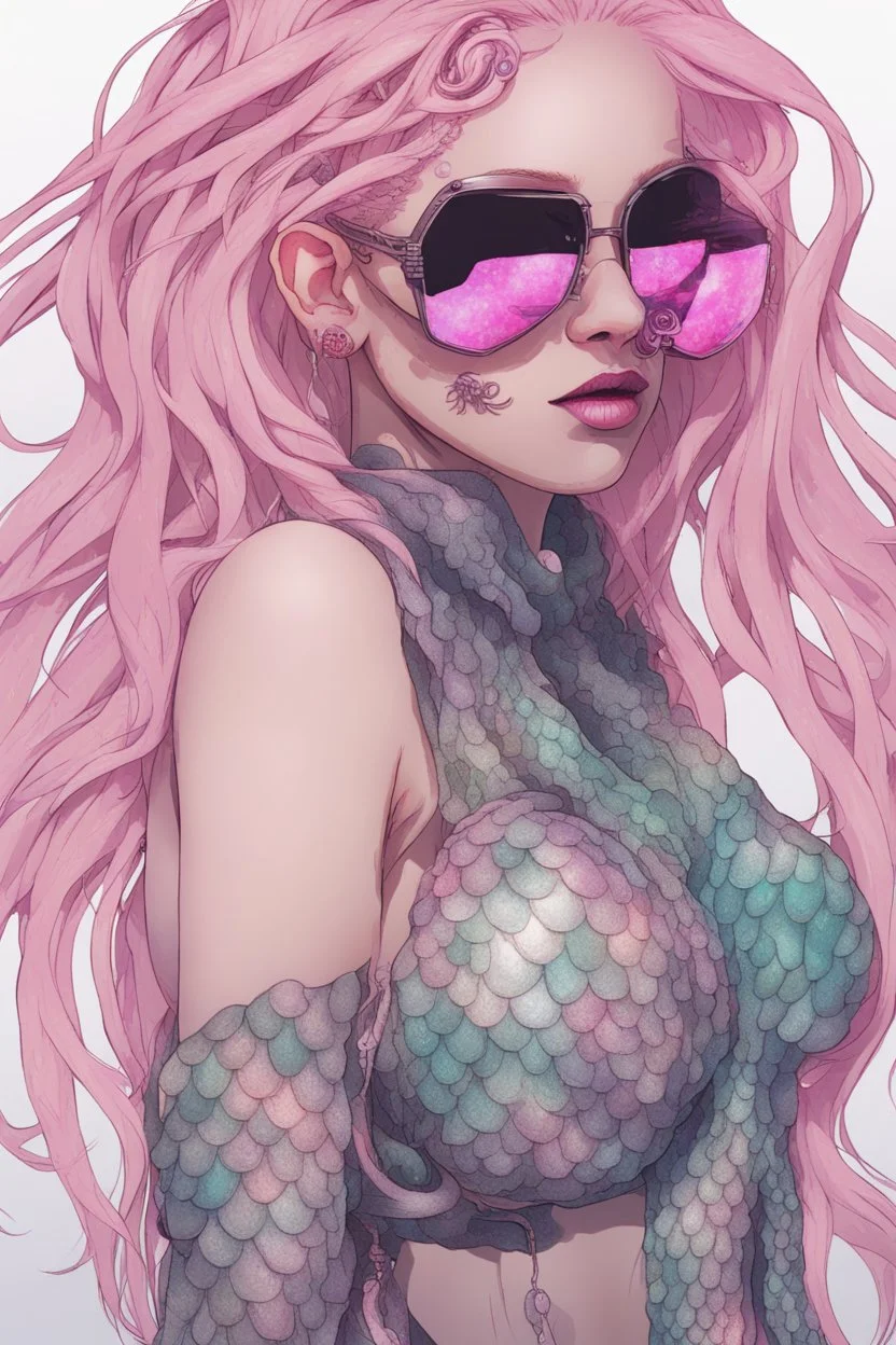 entire body mermaid cyberpunk some fish scales on face pink hair dreadlock sunglasses