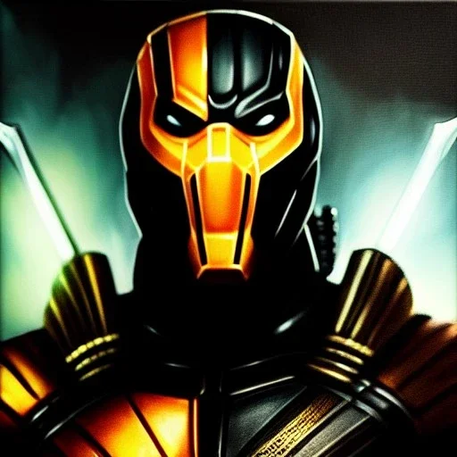 ultra detailed fullbody Portrait in oil on canvas of Deathstroke ,extremely detailed digital painting, extremely detailed face,crystal clear Big Glowing eyes, mystical colors , perfectly centered image, perfect composition, rim light, beautiful lighting, 8k, stunning scene,extremely sharp detail, finely tuned detail, ultra high definition raytracing, in the style of robert e howard and pablo oliveira and Ken Kelley and Ohrai Noriyoshi and Simon Bisley and tom