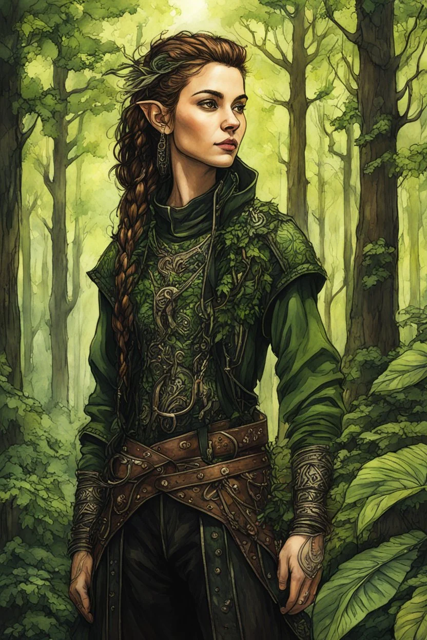 create an oil and watercolor full body portrait of a young, nomadic goth punk forest elf female fantasy art character, with highly detailed, sharply lined facial features, in the deep forest of Brokilon , finely inked, 4k in the style of Maxfield Parrish