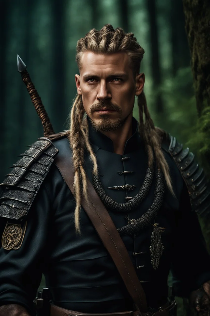 photorealistic hyperdetailed portait of 30-year-old german male, as mercenary with long blonde and undercut hair with braids, tribal tattoos and goatee beard wearing modern mercenary uniform dark fantasy forest backdrop