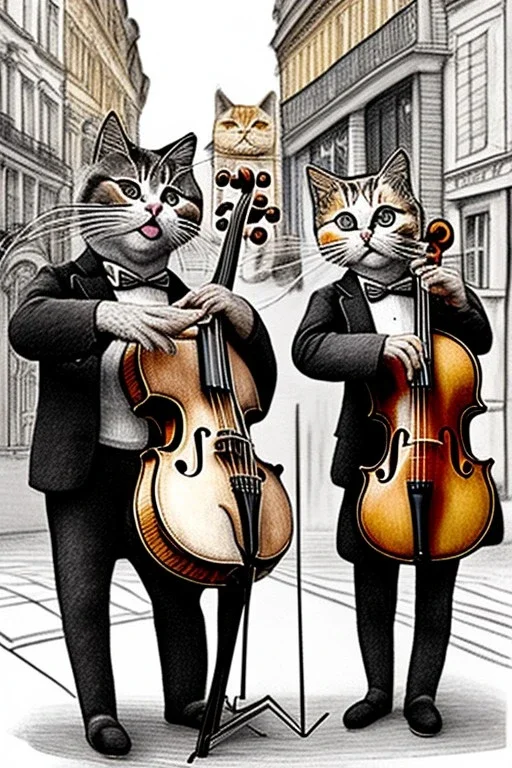 Group mature cats playing violin, drum, singing, street, Vienna, smiling, sunny day, model style, hyper realistic, extremely accurate, delicate, extremely detailed, Graphic novel style, wide-angle, open aperture, superfine pencil