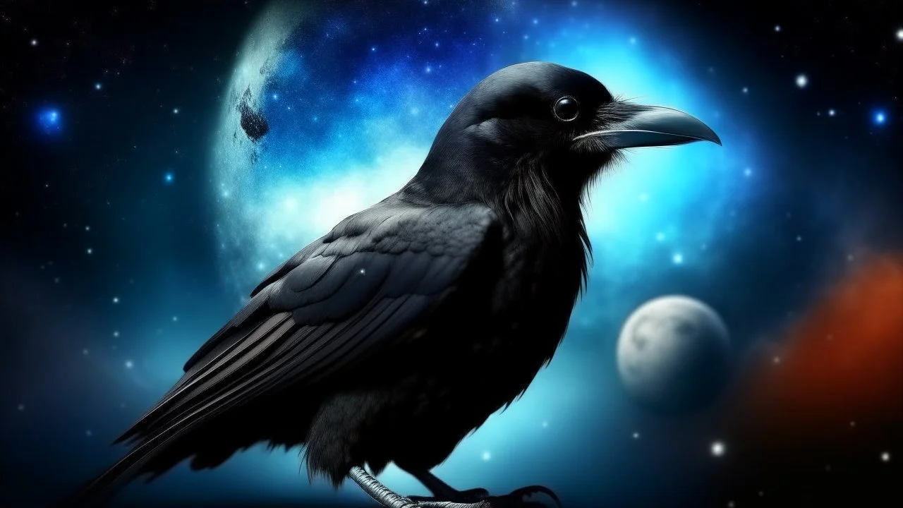 Crow in a space an the background of planets, souls