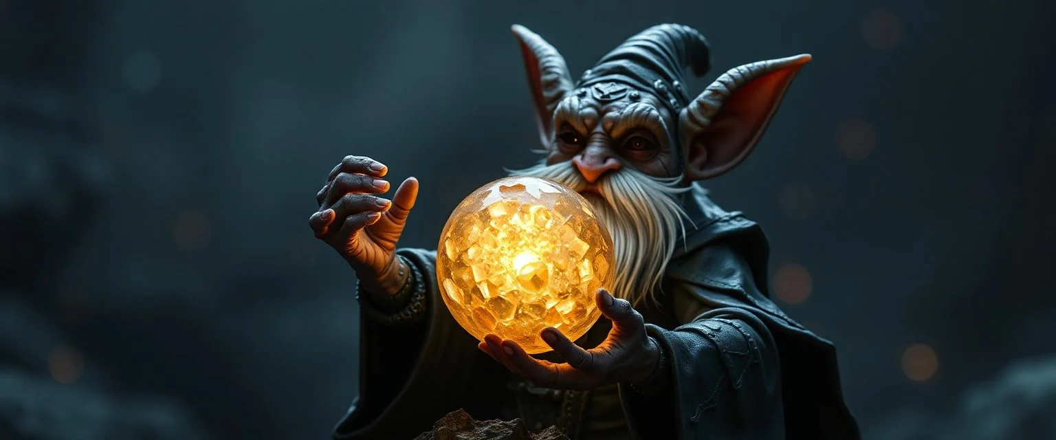 dwarf gremlin expert holding up a radiant Painite crystal rosette ball