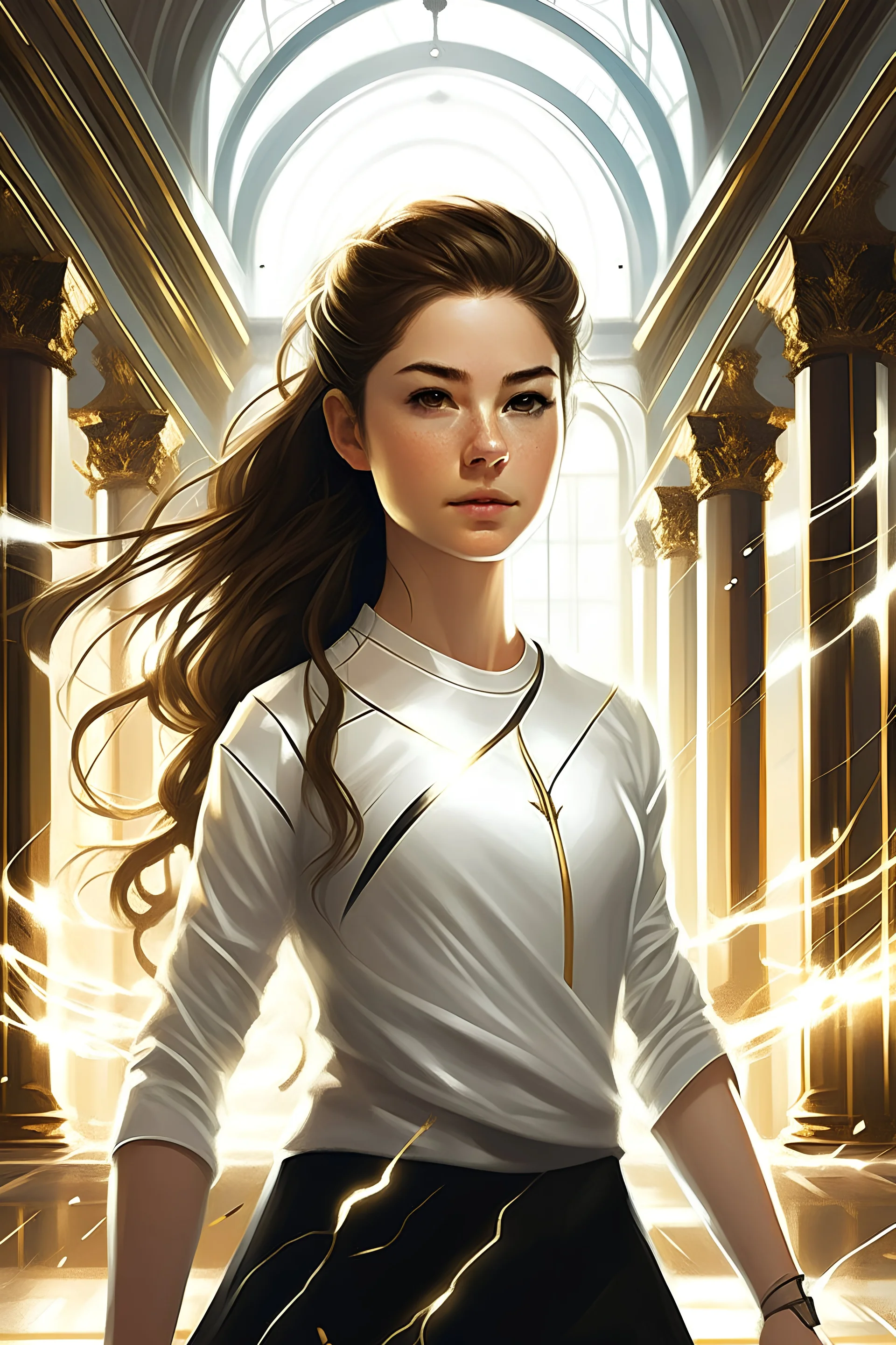 A 17-year-old girl with brown hair, who was wearing a long-sleeved white shirt and black pants, both decorated with a single sliver stripe down each side, with lightning bolts zipping everywhere in a palace ball.