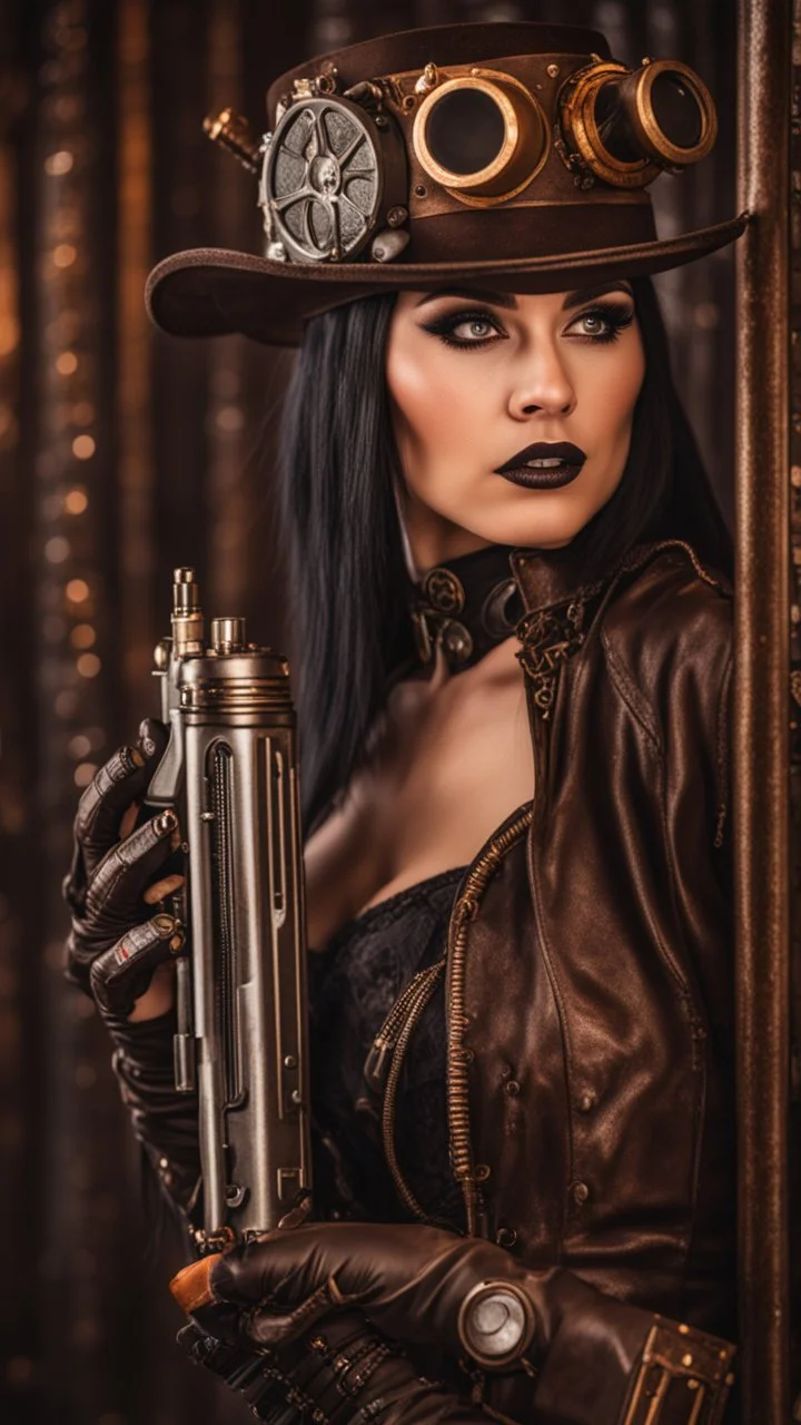 Full Body Photo Of A Steampunk Burlesque Woman With Straight Hair And A Fringe Hairstyle, Holding A Laser Gun, Sci-Fi Steampunk Background