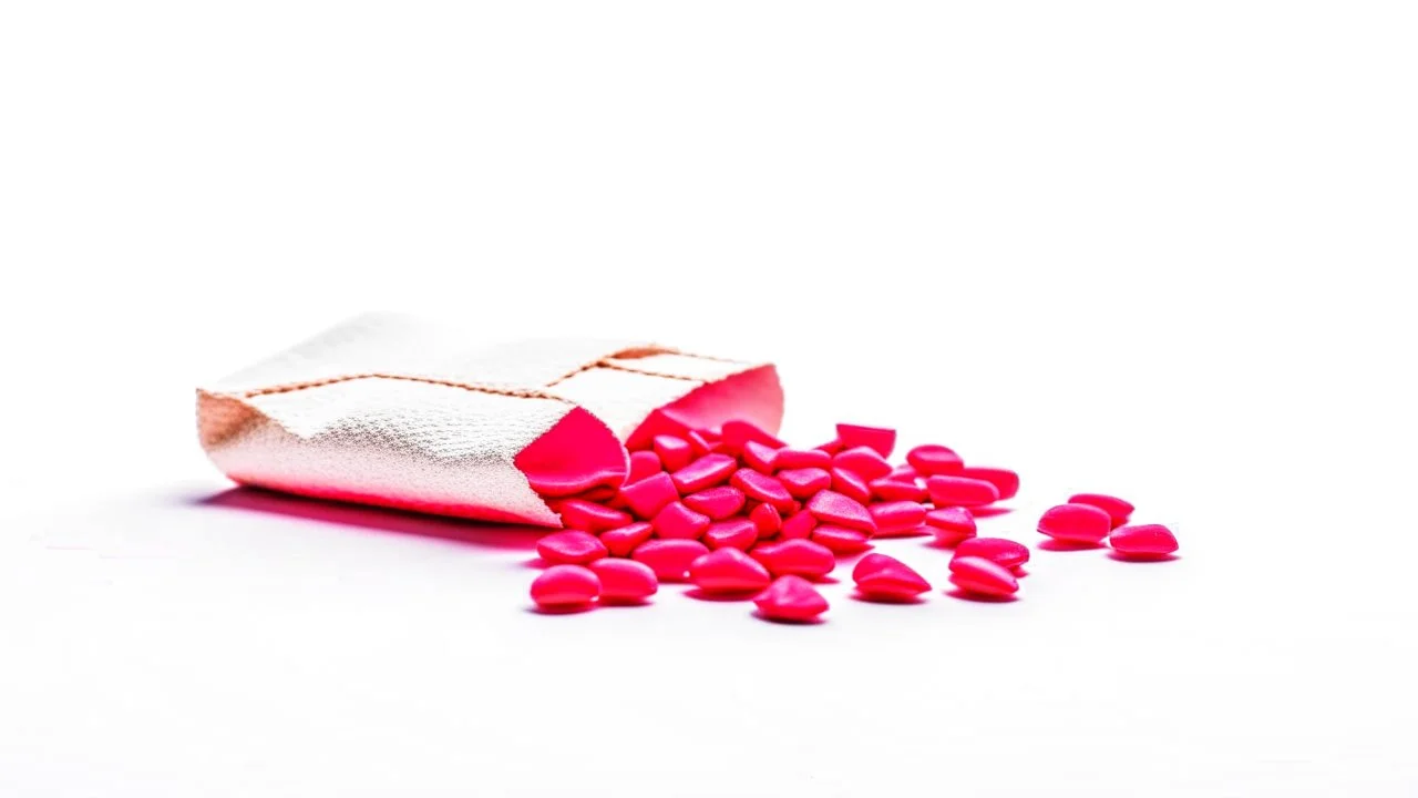 a packet of red pills, a torn red ribbon, on a white background