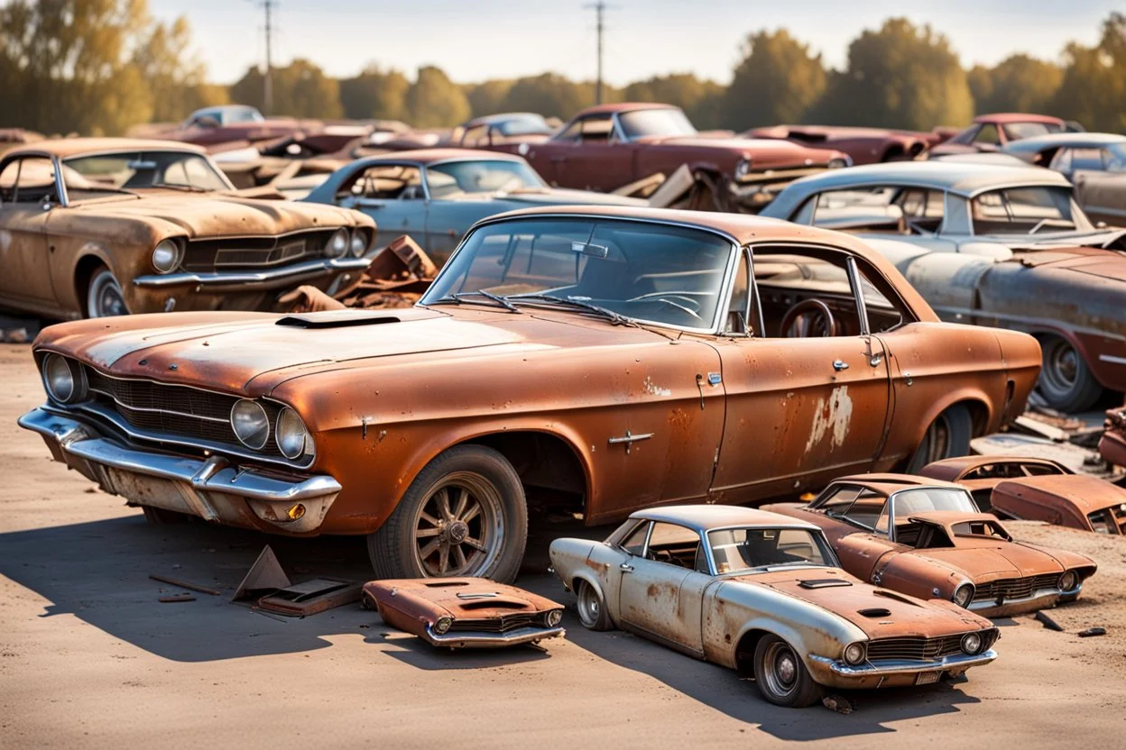 Fotorealistisch endloser menschenleerer Schrottplatz mit aufeinander gestapelten verrosteten Autowracks zahlloser Ford Mustang zwischen 1964 und 1980 im warmen Sommerlicht