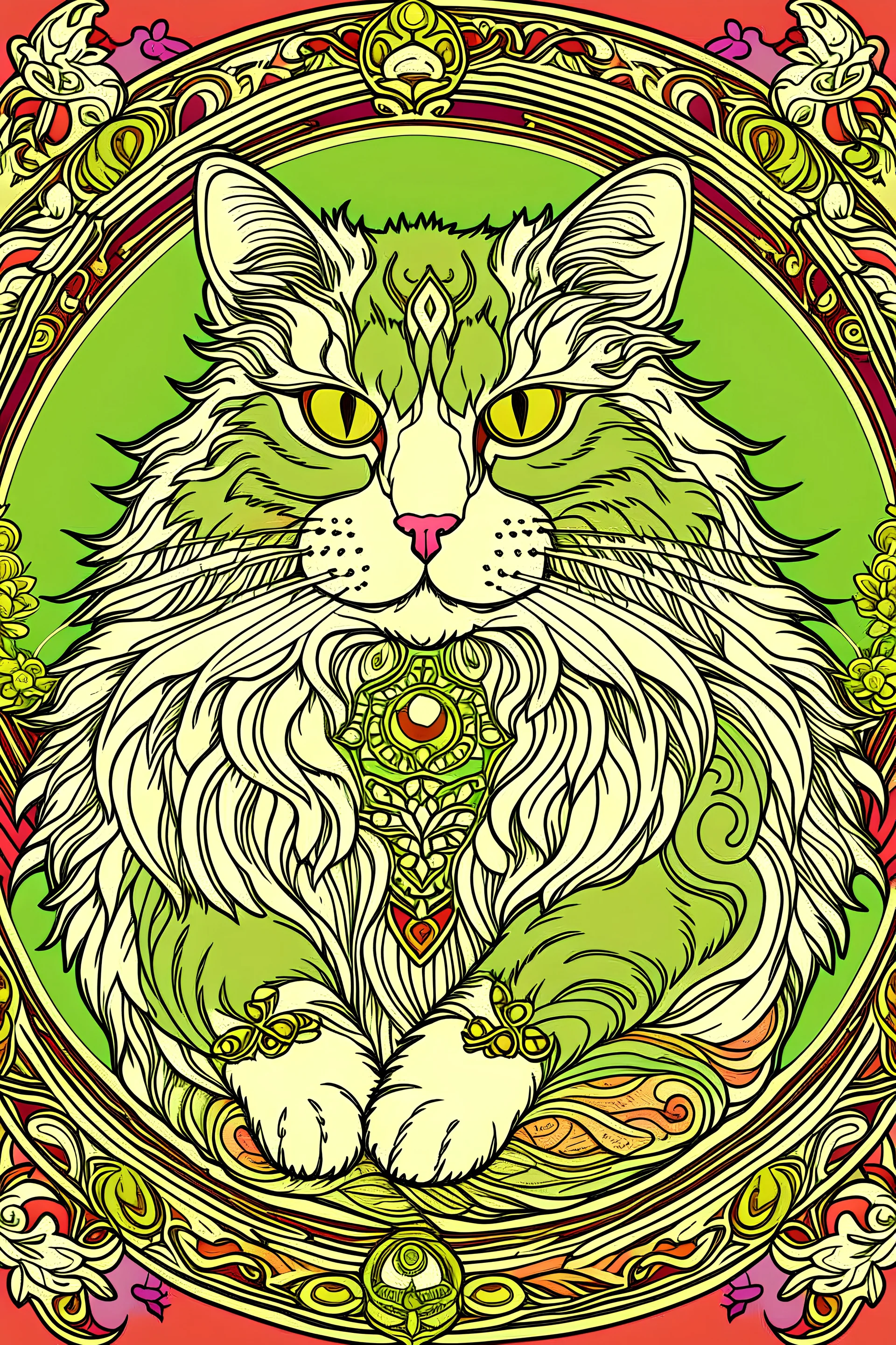 norwegian forest cat in the style of mucha