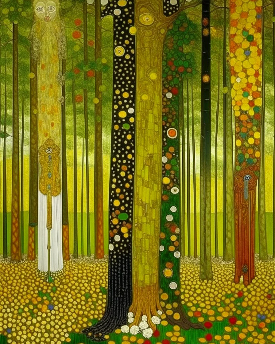 A forest with totem poles and a giant tree painted by Gustav Klimt