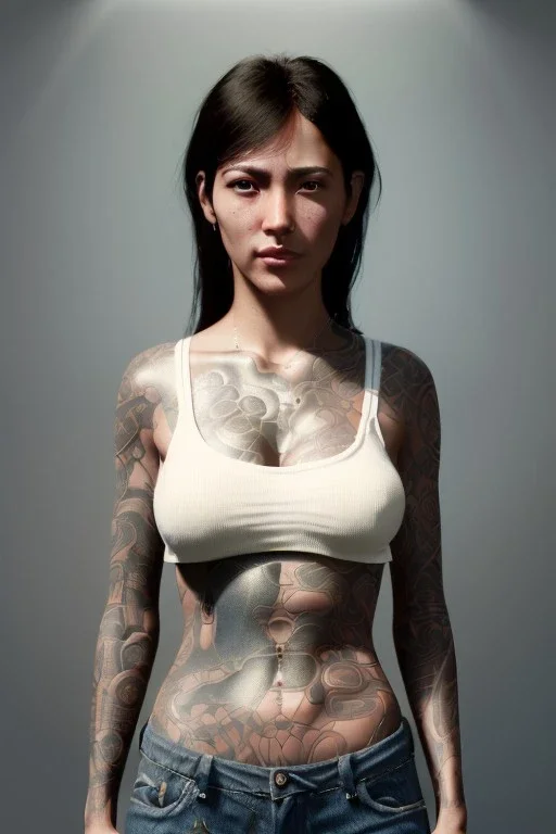 Ultra Realistic image, 30 years old Spanish woman, portrait, small complexion, natural small busty, traditional Japanese tattoo, jakuza style, vibrant color, highly detailed, art stations, concept art, smooth, unreal engine 5, god rays, ray tracing, RTX, lumen lighting, ultra detail, volumetric lighting.