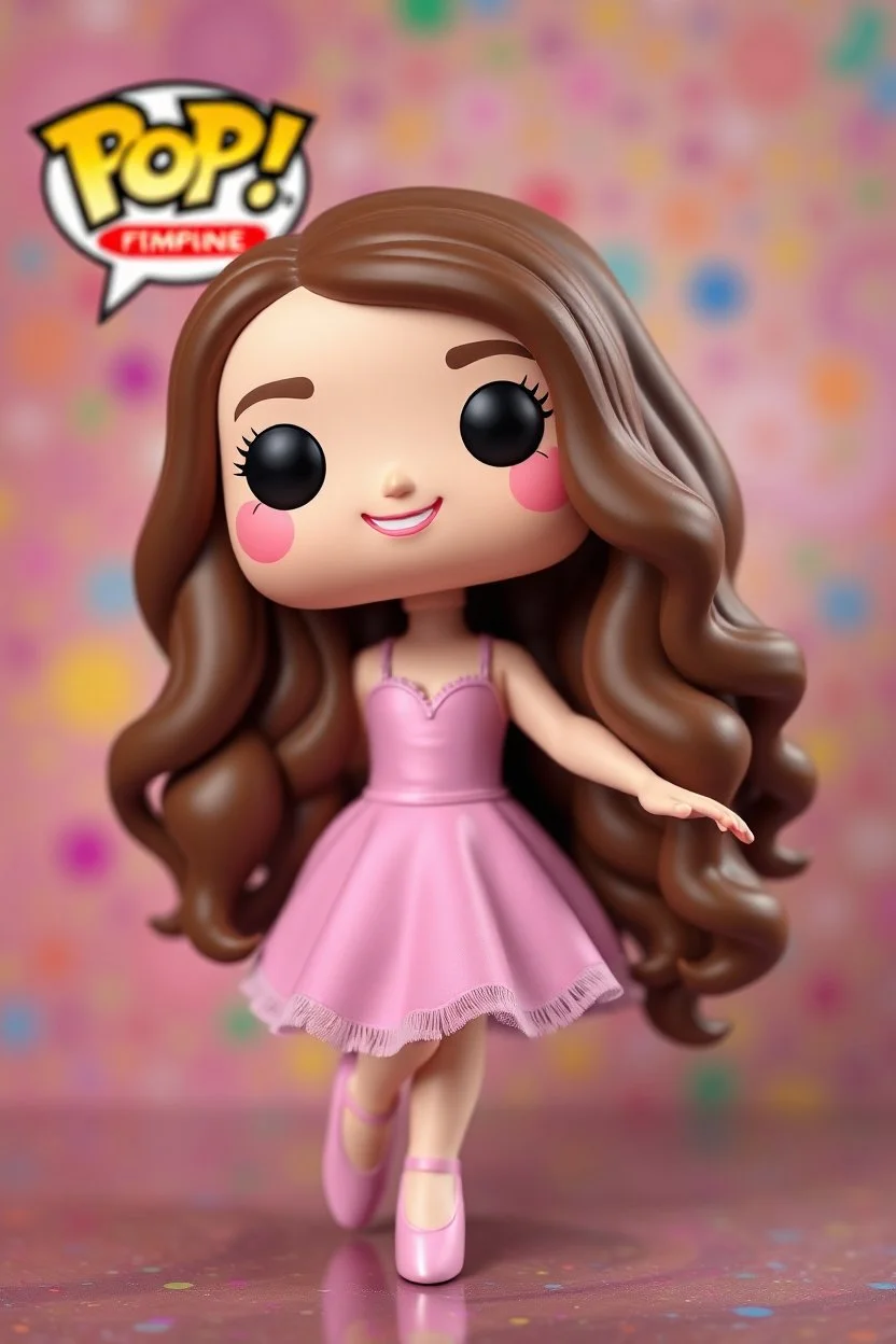 Funko Pop, very young female 12 , long wavy brown hair, pink ballerina dress, dance pose, smiling, very happy, colorful background, face painted, typography, 3D render.